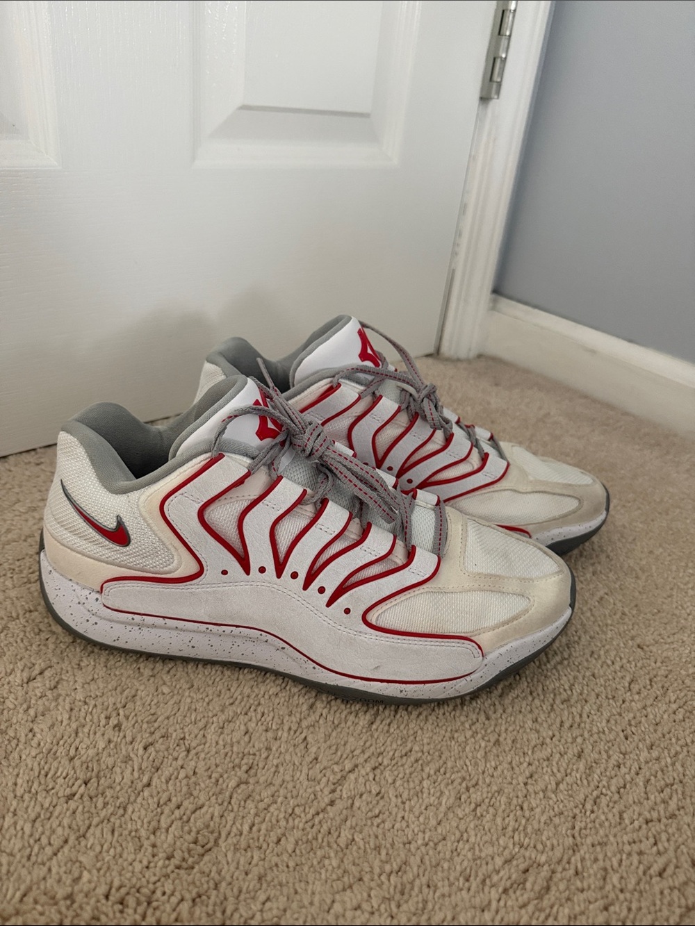 Kevin Durant White & Red Basketball shoes with Gray Accents